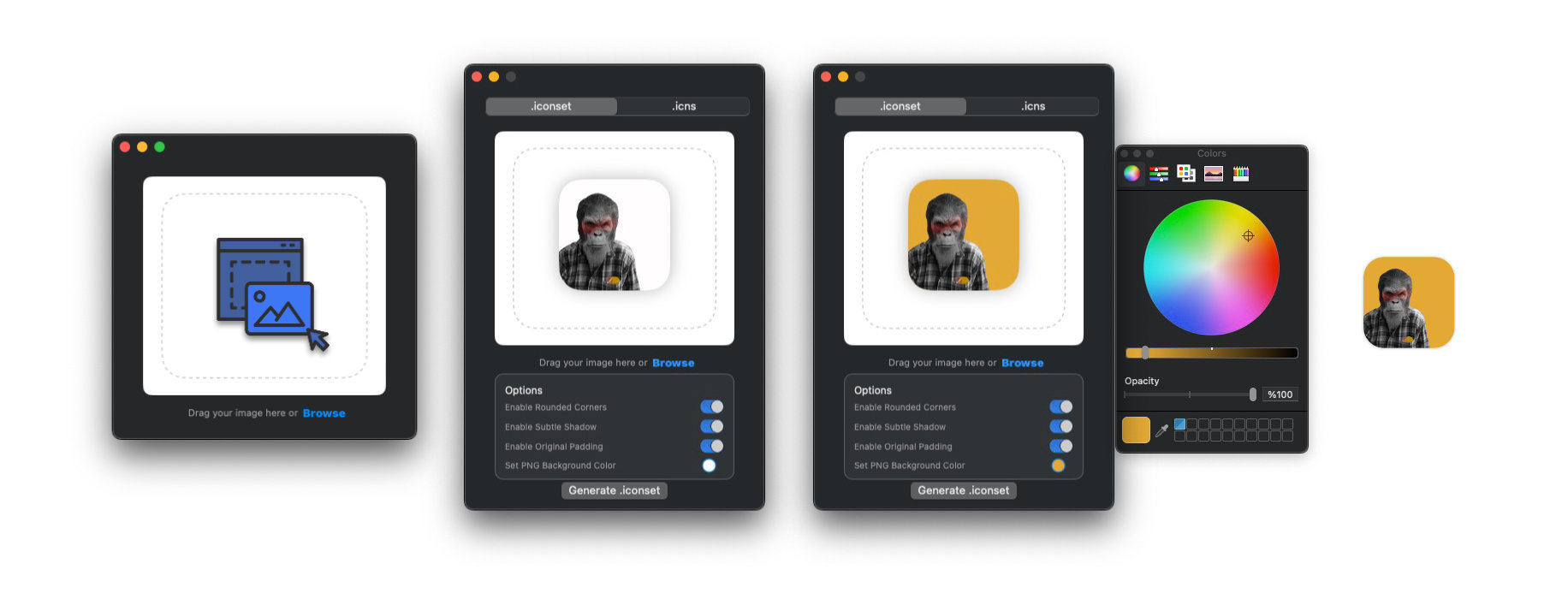 Image shows the three different screen shots of the main app window.